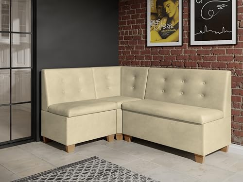 JKG Meble Eckbank fur Essizmmer - Eckbank Küche mit Aufbewahrungsbehälter - Modern Sitzecke Küche - Stoff Velours - gepolsterte Rückenlehne - Beige - Monolith 04-140x200 cm