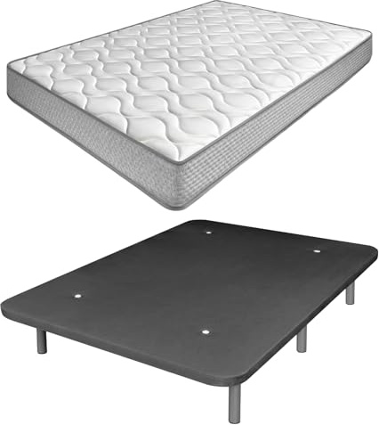 amuéblate Online - Cama Completa con Colchón Carla Reversible + Base Tapizada Extra Resistente con 6 Patas Cilíndricas Metálicas Roscadas, 90 x 190, Gris Oscuro