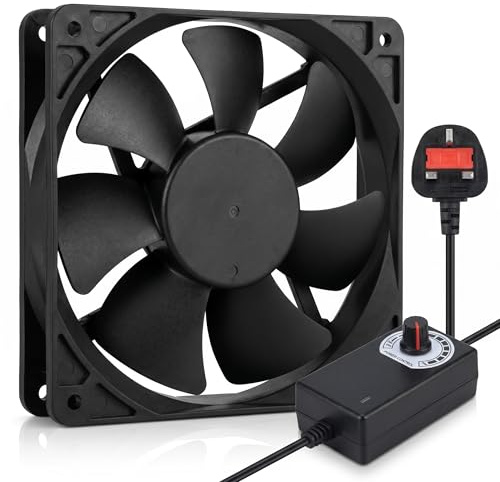 MAVTON 120mm PC Fan 2700RPM 81CFM with Speed Controller | 120x120x25mm, dual ball bearing, 3-speed 2700RPM 81CFM, UK plug & metal grill included, for PC case server router cooling