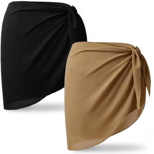 2-pack Sarong i Chiffon för Damer, Genomskinlig Strandkjol för Baddräkt, Lätt Bikini Cover-Up för Semester, Khaki och Svart