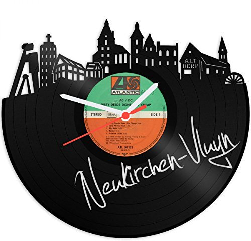 GRAVURZEILE Schallplattenuhr - Skyline Neukirchen-Vluyn - Wanduhr aus gegossenem Vinyl mit Stadt Skyline 30 cm - Upcycling Design-Uhr Wand-Deko Vintage Wand-Dekoration Retro-Uhr - Made in Germany