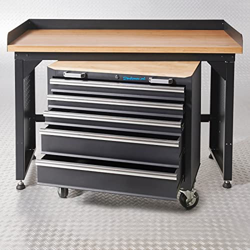 Werkbank mit Arbeitsplatte aus Eiche - 150 cm, schwarz und Werkzeugwagen mit 5 Schubladen