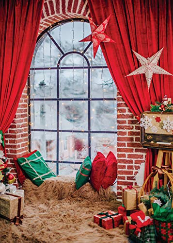 AIIKES 5x7FT Weihnachten Kulissen Winter Interieur Fenster Vorhang Sterne Rot Grün Kissen Geschenk Teppich Hintergrund Weihnachten Familie Party Dekoration Fotografie Kulissen Studio Requisiten 11-685