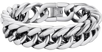 PROSTEEL Pulsera Cadena Hombre Cubana Inoxi 17mm Ancho 23cm Largo Pulsera Eslabones Plateados Metal Hipoalergencio con Enganche Resistente