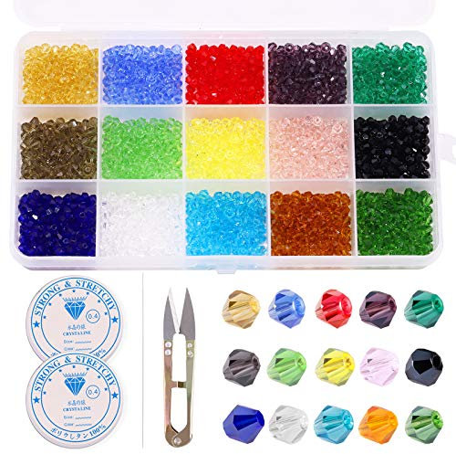Rustark 4mm 1800 Pcs Crystal Glass Beads Bicone Shaped Faceted Findings Spacer Charm Beads Assorted Coating Colors with Container Box and 2 Pcs Cord for Bracelets Necklaces Jewelry Making (15 Colors)