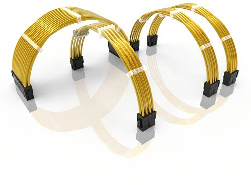 LINKUP - 30cm Extensión de Cable de Alimentación Revestimiento Metálico y Silicona, Suave y Flexible para Dirigir GPU y CPU con Kit de Peines| 1x24P (20+4)| 1x8P (4+4) CPU| 2x8P (6+2) GPU| 300mm - Oro