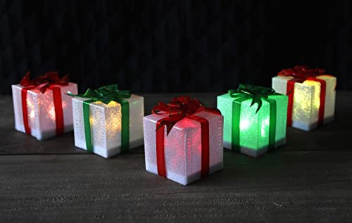 Boxes with LED Light - Battery Operated Pre-Lit Light Up Festival Accessories Gift Box Parcel - multicoloured Sparkle Christmas Lights for Indoor Xmas Decor -Set of 5