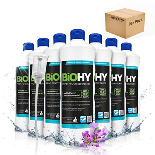 BiOHY Professional Window Cleaner (9 x 1l Bottle) + Dispenser | Glass Cleaner Concentrate, Ideal for All Window Vacuum Cleaners| Streak-Free Cleaning of Glass & Window (Profi Fensterreiniger)