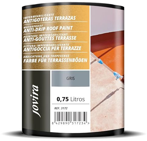 JOVIRA PINTURAS Impermeabilizante Antigoteras, Terraza Antigoteras Caucho Elástica, pintura de terrazas, evita filtraciones en todo tipo de cubiertas y terrazas. (750 Mililitros, Gris) F-77A