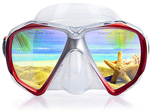 Taucherbrille für Erwachsene mit Anti-Nebel Schnorchelmaske, Schwimmmaske gehärtetem Glas und Nasenabdeckung zum Schnorcheln und Schwimmen (Klar Rot)