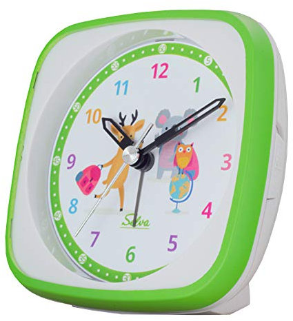 SELVA Quarzwecker für die Einschulung mit REH, Koala und Eule Motiv grün/weiss. Schleichende Sekunde lautlos, analog, für Kinder, buntes lern Zifferblatt mit Licht/Weckwiederholung