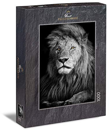 Ulmer Puzzleschmiede - Puzzle „König Romeo“– Schwieriges 1000 Teile Puzzle für Erwachsene – Puzzlemotiv Löwe auf schwarzem Hintergrund - Schweres Puzzlemotiv