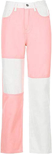 N /D Jean femme taille haute en patchwork droit, jean de couleur pour femme, taille haute, poches de patchwork, pantalon droit en jean (couleur : rose, taille : XL )