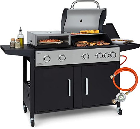 Kingsville XL Kombigrill, 5+1 Edelstahlbrenner, Leistung: 20,5 kW (5 x 3,6 kW + 2,7 kW), InstantReady Concept, für Gasflaschen bis 11 kg, 2-in-1: Gasgrill/Pizzaofen, schwarz