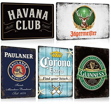 ZDFDC 5er Blechschilder Set Retro Bar 20x30cm - Vintage Metallschilder - Bar Schild Wand-Deko - Geschenk-Idee für Theken Partykeller Club Pub (SET A)
