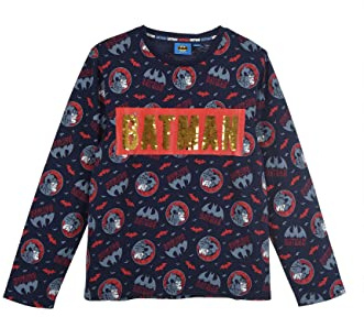 Batman Jungen Langarm-Shirt Longsleeve Oberteil Glitzer Wende Pailletten (104, Blau)