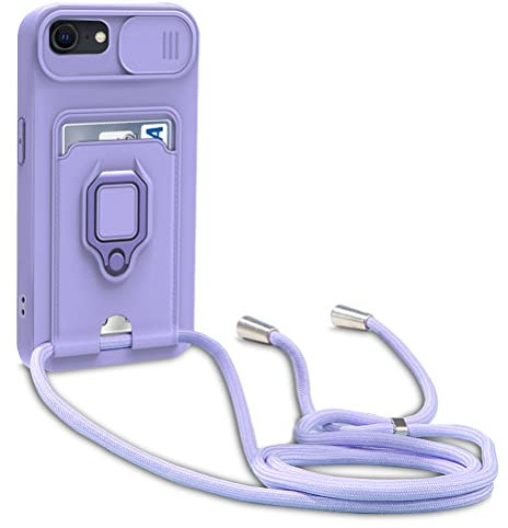 yanasuo Schiebe Kameraschutz Silikon Handykette Hülle kompatibel mit iPhone 6/6S/7/8/SE 2020, Metall Ring Halter Handy Cover,Verstellbarer Halskette Handyhülle-Lila