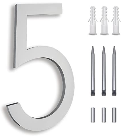 8 Inch Floating House Numbers, Address Numbers for Outside, Metal Silver Large Modern House Numbers, Door Numbers for Mount Aluminum Silver Number 5