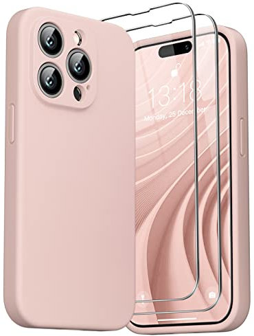 GOODVISH 3 in 1 Cover per iPhone 14 Pro Max Silicone per 6,7, con 2 Pezzi Pellicola Protettiva, iPhone 14 Pro Max Custodia per Cellulare Antiurto Resistente 360° Protezione, Rosa Sabbia