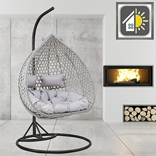 GOODS EMPORIUM Luxury Hanging Rattan Double Egg Chair Indoor & Outdoor Garden Swing Chair Cocoon Relaxing Hammock with Cushions - RAIN COVER INCLUDED (Double, Black - Grey - Grey)