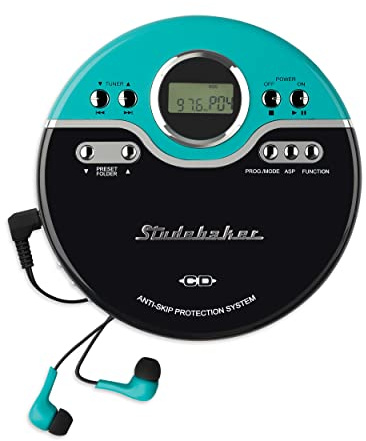 Studebaker Retro Portable CD Player | MP3 CD-R/RW Playback | Programmable Personal CD Player | Anti-Skip | FM Radio | Mega Bass Boost | Sports Headphones (Classic Turquoise)