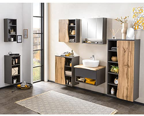 Lomadox Badmöbel Set mit 60 cm Waschtisch und LED Spiegelschrank in anthrazit mit Wotan Eiche Nb. in Baumkantenoptik, B/H/T: ca. 221/200/52 cm
