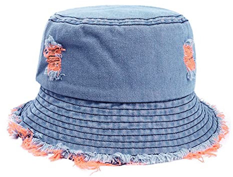 Bucket Hat Schlapphut für Freizeit Reisen Camping Aldult Bucket Hats Jean Washed Denim Hole Teens Women Frayed Ripped Vintage Fisherman Cap Packable Fischerhut Unisex Reversibel Baumwolle Bucket Hat