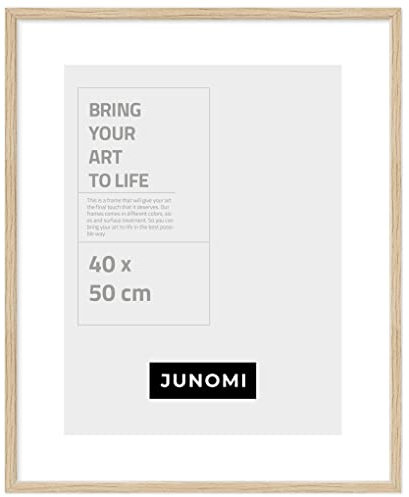 JUNOMI® Bilderrahmen 40x50 cm Holz | Farbe Eiche | Posterrahmen mit bruchsicherem Acrylglas | Hoch- & Querformat zur Wandmontage, schmales Profil