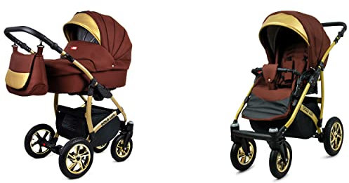 BabyLux Gold Lux 2-in-1 Baby Kinderwagen Tief und Kinderwagen mit Zubehör Verstellbar und faltbar Aluminium Konstruktion Wasserdicht Nicht abnehmbare Räder Chocolate Gold Frame