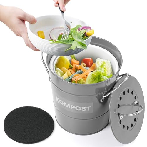 Winter Shore Composteur Cuisine Gris 4 l - Seau Compost Cuisine Anti-Odeurs avec Couvercle - Extérieure en Fer Galvanisé & Poubelle Intérieure en Plastique - Filtre Charbon Extra & Étiquette Inclus