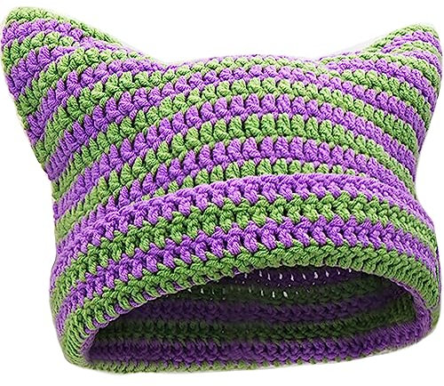 XYIYI Violett Grün Häkelmützen für Frauen Katze Ohr Stricken Hut Vintage Beanie Grunge Zubehör Slouchy Mützen für Frauen