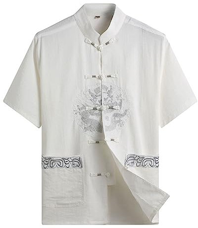 Rubruan Chemise à manches courtes pour homme - Vêtement traditionnel chinois - T-shirt d'été - Kung Fu Tai Chi - Vêtement d'entraînement brodé à manches courtes pour homme, Blanc., S