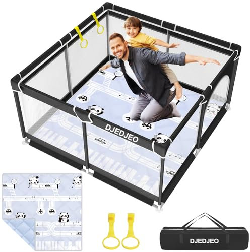Djedjeo Laufgitter Baby mit Matratze, 127x127cm Laufstall Baby Faltbar mit Spielmatte,Kinder Laufstall für Apartment, Laufgitter mit Sichtbarem Netz, Rutschfester Unterseite