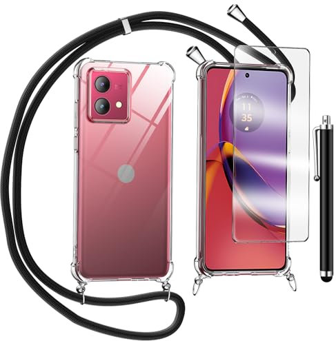 TTSWJBD Cover per Motorola moto g84 5G e Vetro Temperato Custodia con Cordino Silicone Trasparente Morbida Cover Cellulare Girocollo Collana Necklace Protettiva Bumper Antiurto TPU Case, Nero