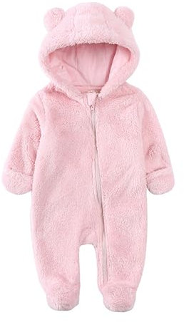 Alunsito Baby Boy Girls Solid Bear Auricolari Felpa con cappuccio Pagliaccetto Body invernale Vestito caldo Bambino Cerniera Tuta in pile Rosa chiaro 3 0-3 mesi
