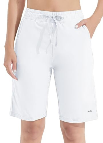 WILLIT Pantaloncini da donna in cotone, pantaloni lunghi da yoga, lunghezza al ginocchio, per allenamento estivo, 10, con tasche, bianco, S