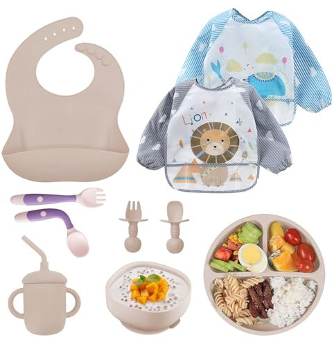 Assiette Bébé Set Repas Silicone, Lot de 10 Coffret Repas Bebe, Enfant Set Couverts Vaisselle pour Sevrage Manger Apprentissage, Set Vaisselle Silicone Repas Bébé, Avec Ventouse