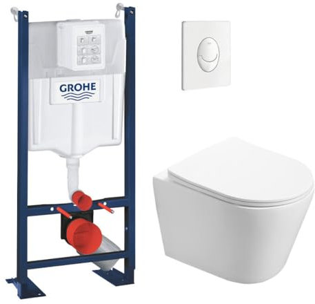 WC Suspendu Pack Complet Accessoires - Pack WC Grohe Bâti autoportant, WC sans bride SAT Infinitio, Abattant softclose, Plaque blanc alpin, Abattant WC,Cuvette Toilette, Chasse d'eau Wc, Mécanisme