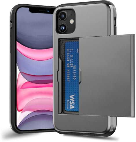 ACOCOBUY for iPhone 11 Case with Card Holder Sliding Cover Hidden Pocket IDs Credit Cards Slot Heavy Duty Shockproof Protective Dual Layer Wallet Phone Cover Back Shell for Men Women 6.1 inch Gray