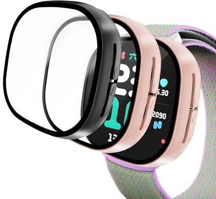 Diruite 2 Stück Hülle für Google Fitbit Ace LTE Schutzhülle mit Glas Displayschutz,Ultradünne PC HD Hartglas Schutz Case Cover,Schwarz&Rosé