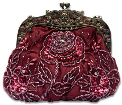 CORIOS Vintage 1920s Abendtasche Damen Floral Clutch Tasche Handgemachte Perle Handtasche Klein Tasche Elegante Schultertasche Kette Umhängetasche für Hochzeit Bankett-Party Abschlussball Weinrot
