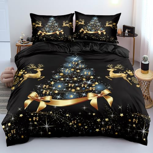 Luofanfei Weihnachts Bettwäsche 155x220 Schwarz Gold Blau Weihnachtsbaum Rentier Warm Weiche Bettwäsche Set Weihnachten Microfaser Bettbezug Set 155 220 und 2 Kissenbezüge 80x80cm mit Reißverschluss
