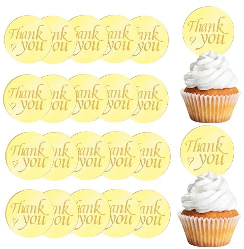 URROMA 20 PCS Acrylic Cupcake Toppers, Round Thank You Cake Discs Mirror Picks Engraved Personalized Cake Charm (style9, 20pcs)