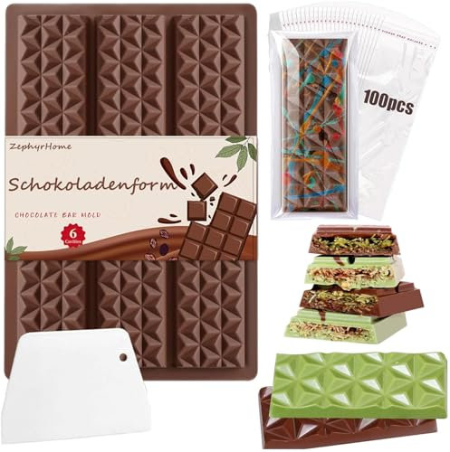 Moule en silicone pour barre de chocolat profonde à 6 cavités, moule en silicone pour chocolat pour remplir les barres, moule antiadhésif au chocolat réutilisable,un moule avec 100 sachets,un grattoir