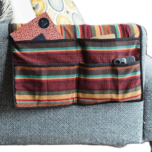 Generico Organizer per divano fatto a mano, bracciolo portaoggetti colorato per divano, 6 tasche, telecomando, riviste, libri, cellulare, Fatto in Nepal (Giallo e rosso)