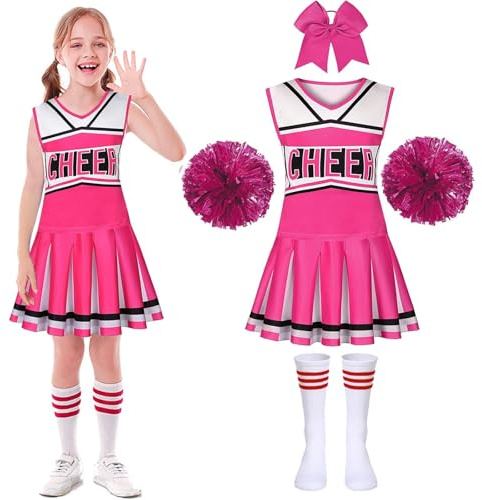 PIXUYE Déguisement Pompom Girl Uniforme de Pompom Girl Fille Costume de Pom-Pom Girl avec Pom Poms Chaussettes Deguisement Cheerleader pour Halloween Carnaval Mascarade, Pink-110