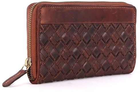 Manza Damen Geldbörse Echt Leder - Portemonnaie mit RFID Schutz - Portmonee viele Kartenfächer - Echtleder Vintage Damenbörse (Braun)