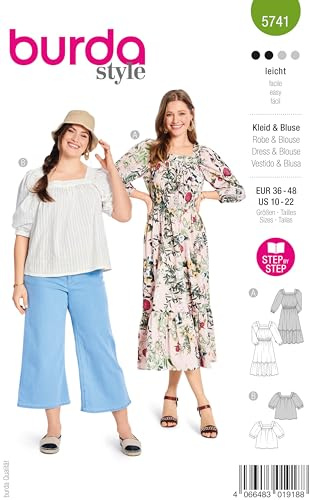 burda style Schnittmuster Damen #5741 Midistufenkleid und Bluse mit voluminösen Raglanärmeln und Saumrüsche Gr. 36-48