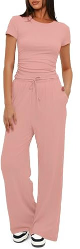 crazy bean Tuta Sportiva Elegante e Casual da Donna Tuta da Donna con Coulisse a Vita Alta 2 Pezzi Top Morbido a Maniche Corte Pantaloni a Gamba Larga Rosa XL