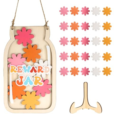 Prmape Pot de Récompense en Bois, Bocal de Propreté avec 25 Fleurs